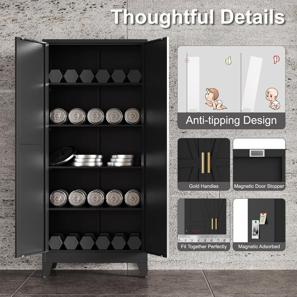 71" H Black Metal Storage Cabinets,Garage Storage Cabinet,Tall Pantry Cabinet with Doors,Kitchen Food Storage Cabinet,Farmhouse Storage Cabinets for Kitchen, Dining Room