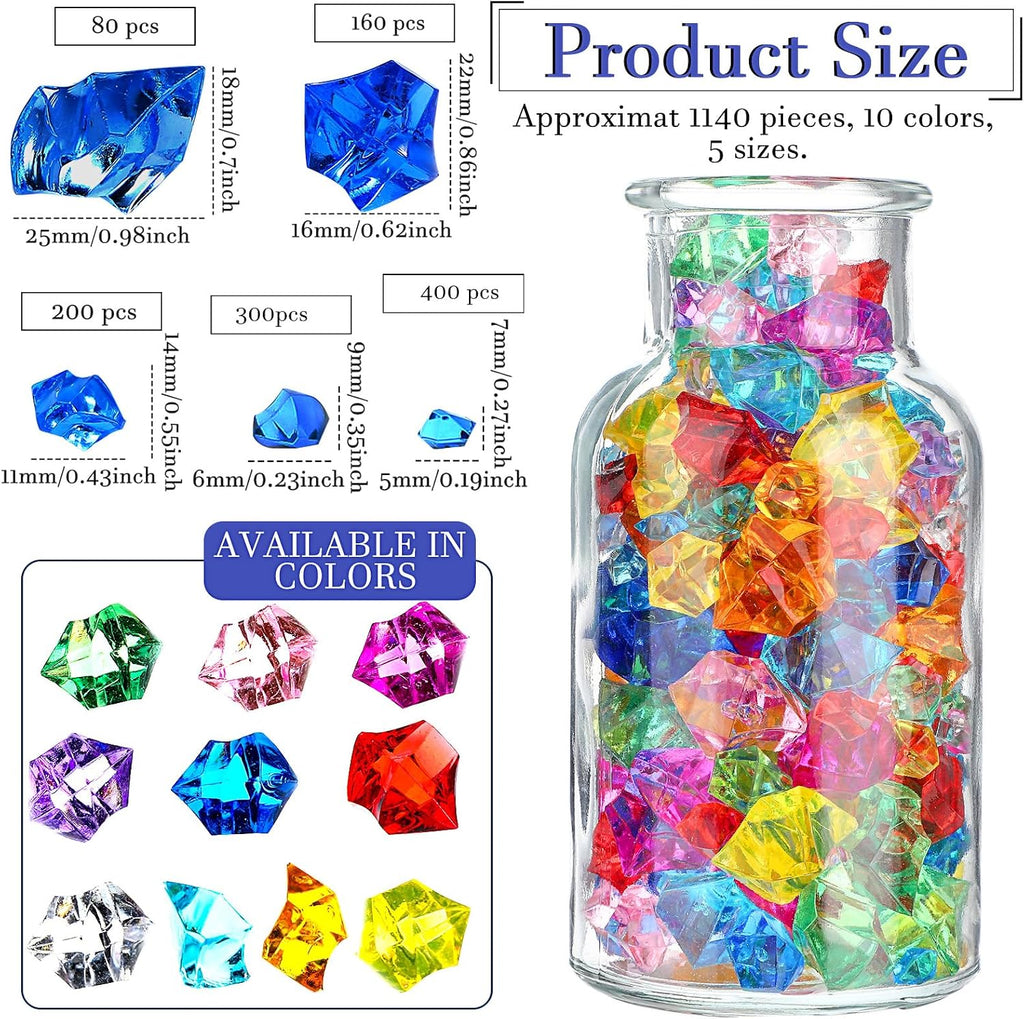 Nuanchu 1140 Pcs Fake Gems Mixed Sizes Fake Ice Cubes Acrylic Crushed Rocks Jewels Plastic Diamonds Crafting Vase Filler for Wedding Birthday Adventure Party Decorations Table Scatters (Multicolor)