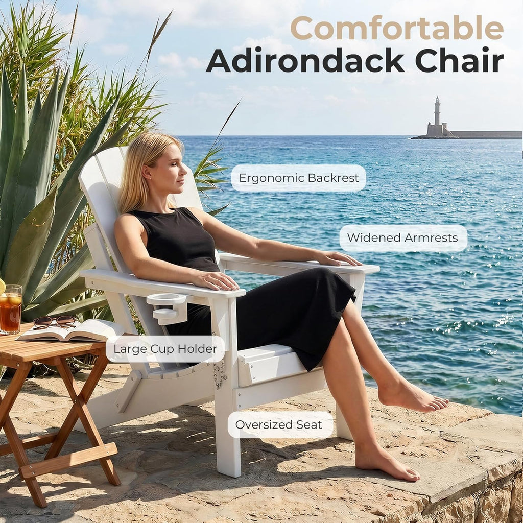HDPE Adirondack Chair, Folding Outdoor Patio Chair with Cup Holder, Weather Resistant Wood Grain Lawn Chair for Backyard, Garden, Fire Pit, Deck, White