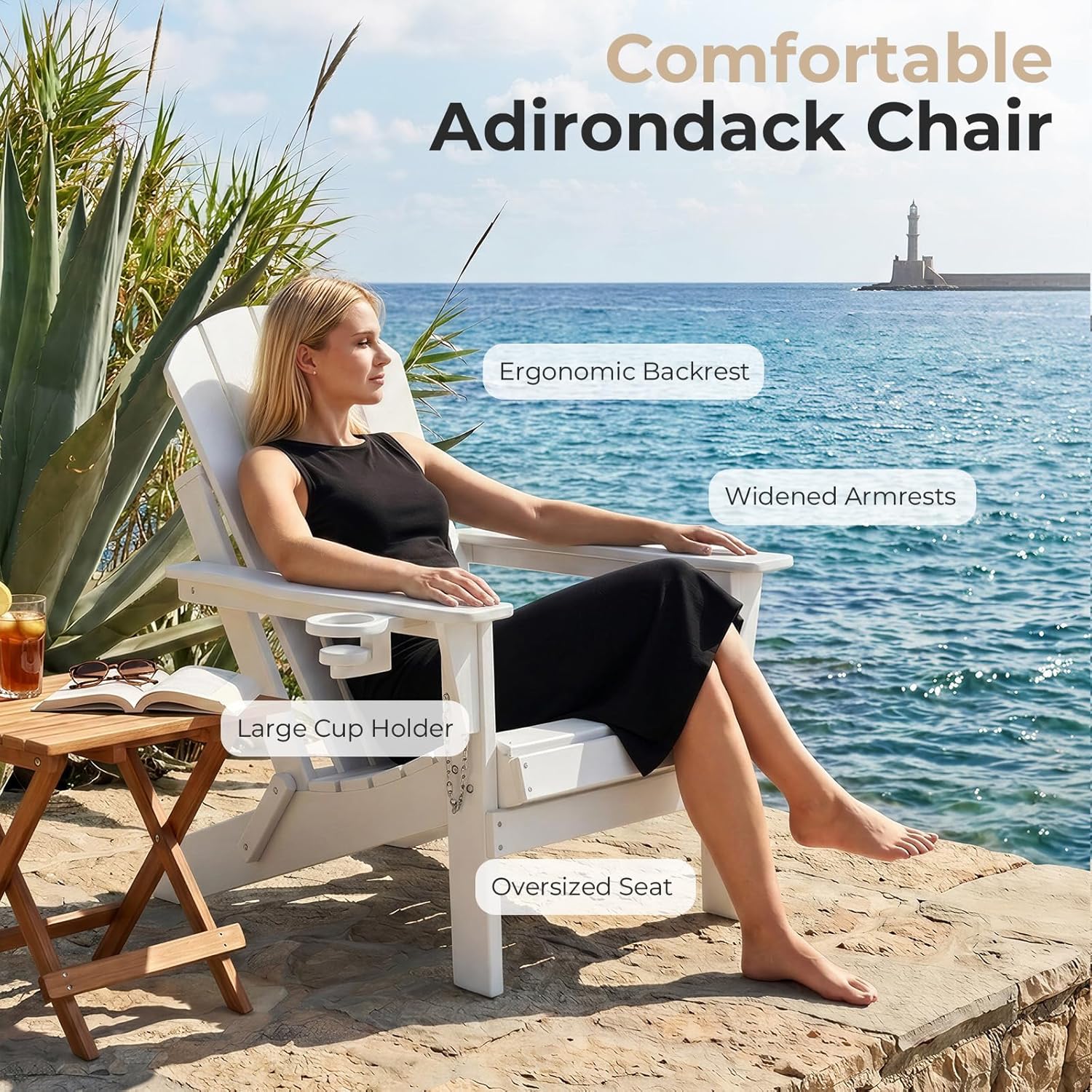 HDPE Adirondack Chair, Folding Outdoor Patio Chair with Cup Holder, Weather Resistant Wood Grain Lawn Chair for Backyard, Garden, Fire Pit, Deck, White