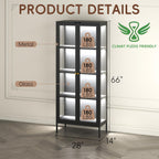 Steeloong 66"Display Cabinet with Glass Doors,4-Tier Curio Cabinet with 8 Color Lights,Glass Cabinets with 3 Adjustable Shelves,Black Display Case for Collectibles,Plant,Living Room,Assembly Required