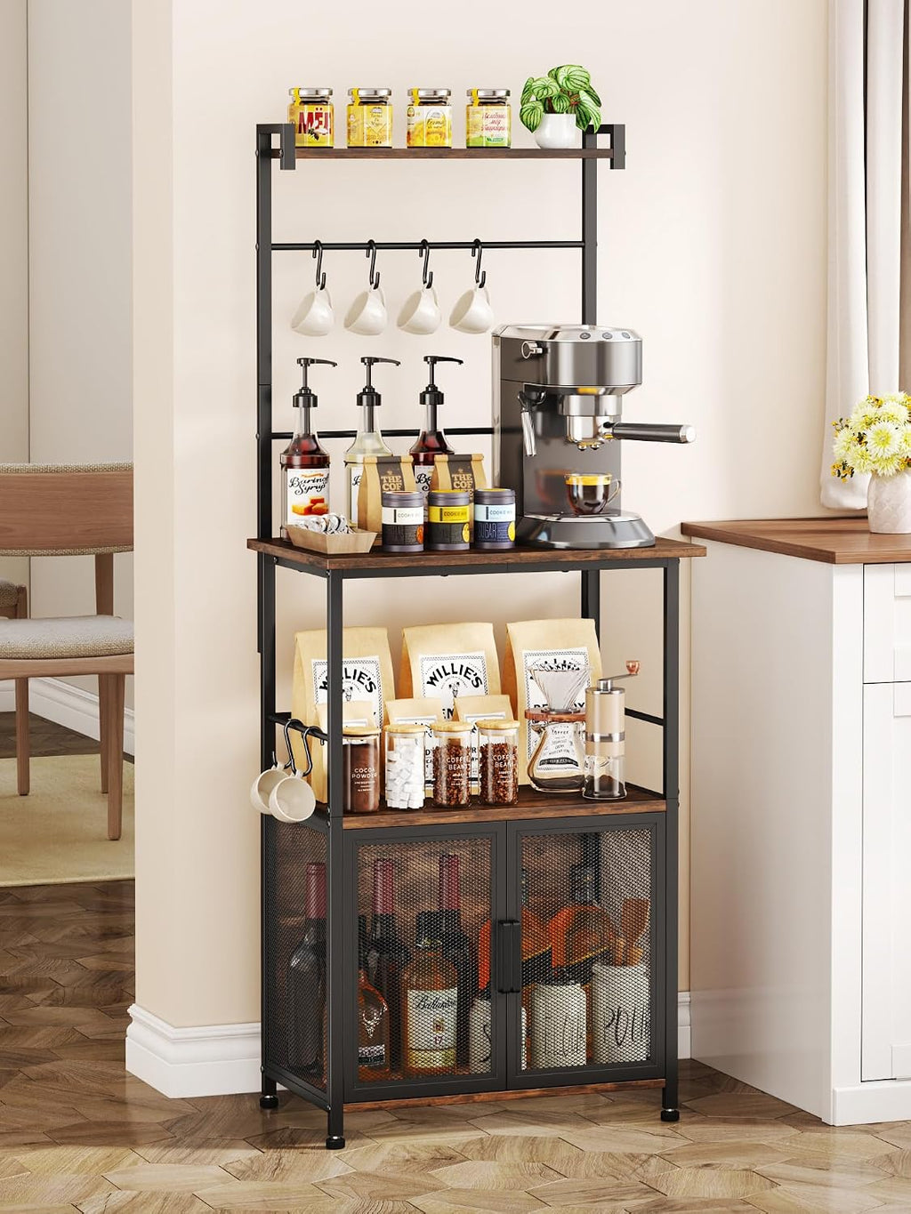 SWTYMIKI Coffee Bar Station for Space - Limited Home Coffee Lovers Espresso | Unique Double Mesh Enclosed Cabinet Doors + 6 Mug Hooks Multi-Purpose Microwave Stand, Buffet Cabinet Storage Rack