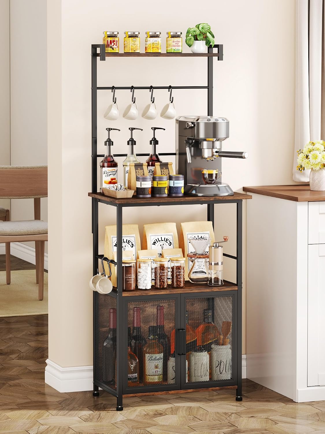 SWTYMIKI Coffee Bar Station for Space - Limited Home Coffee Lovers Espresso | Unique Double Mesh Enclosed Cabinet Doors + 6 Mug Hooks Multi-Purpose Microwave Stand, Buffet Cabinet Storage Rack
