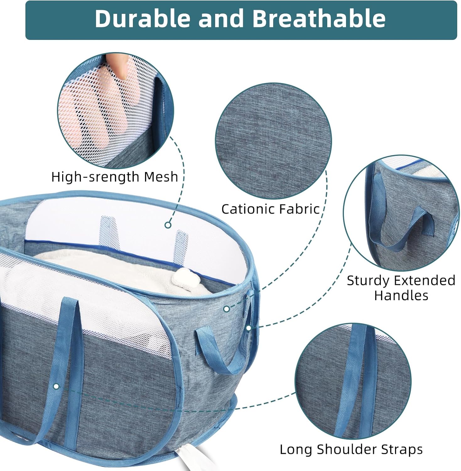 Collapsible Laundry Baskets, Tear Proof Pop Up Laundry Hamper with Dual Handles, Durable Foldable Laundry Basket, Easy to Carry Laundry Hamper for Home, Laundry Room, Bedroom, Dorm, Travel Blue