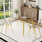 Ebullient Glass Dining Table Set for 4, 51" Clear Tempered Glass Tabletop with Gold Chrome Metal Legs and 4 Transparent Acrylic Chairs, Compact Modern Kitchen Table Set for Small Space Dining Room