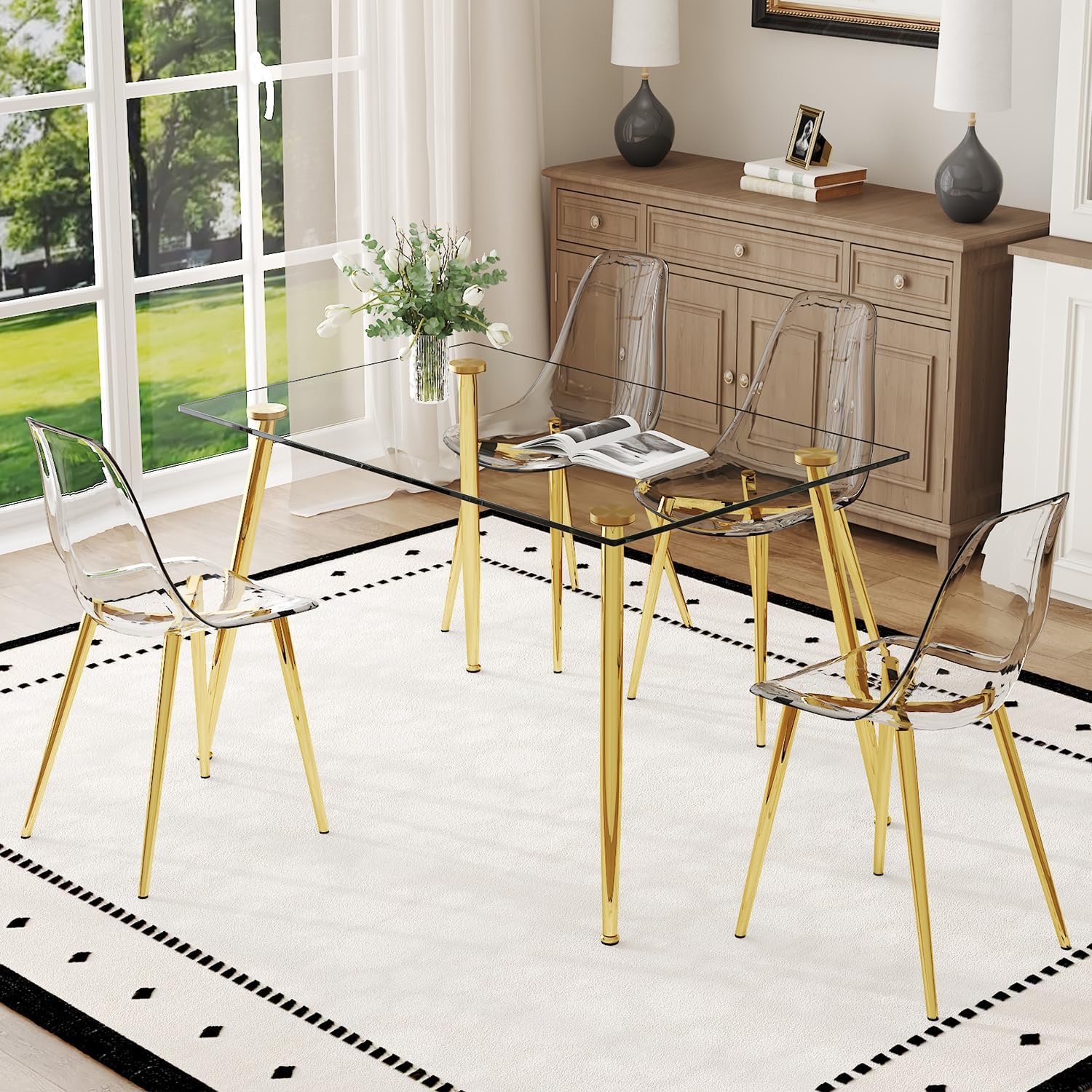 Ebullient Glass Dining Table Set for 4, 51" Clear Tempered Glass Tabletop with Gold Chrome Metal Legs and 4 Transparent Acrylic Chairs, Compact Modern Kitchen Table Set for Small Space Dining Room