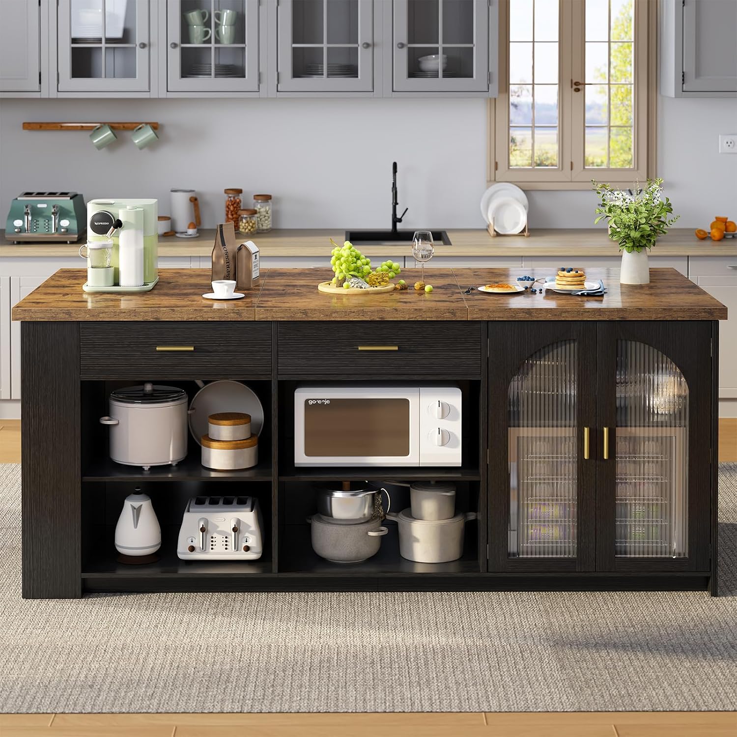 IBF 71" Large Kitchen Island with Storage, Rustic Wood Island Table with Seating for 4-6, Stationary Island Cabinet with Drawers, Fridge Space, Modern Counter Height Island Bar, Rustic Brown and Black