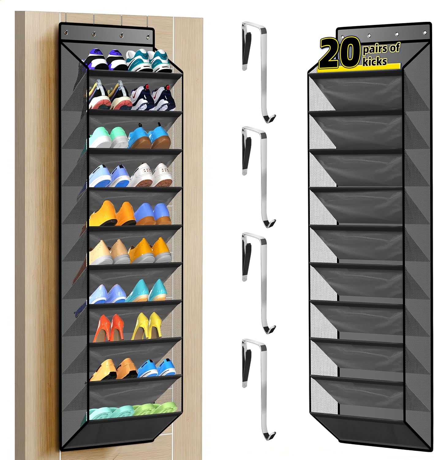 PAULONE 10-Pocket Multi-Use Over the Door Organizer, Heavy Duty 95lbs Capacity with Breathable Mesh, Versatile Hanging Storage for Shoes, Toys, Office Supplies-Classic (Slate Grey, 10-Shelf,)