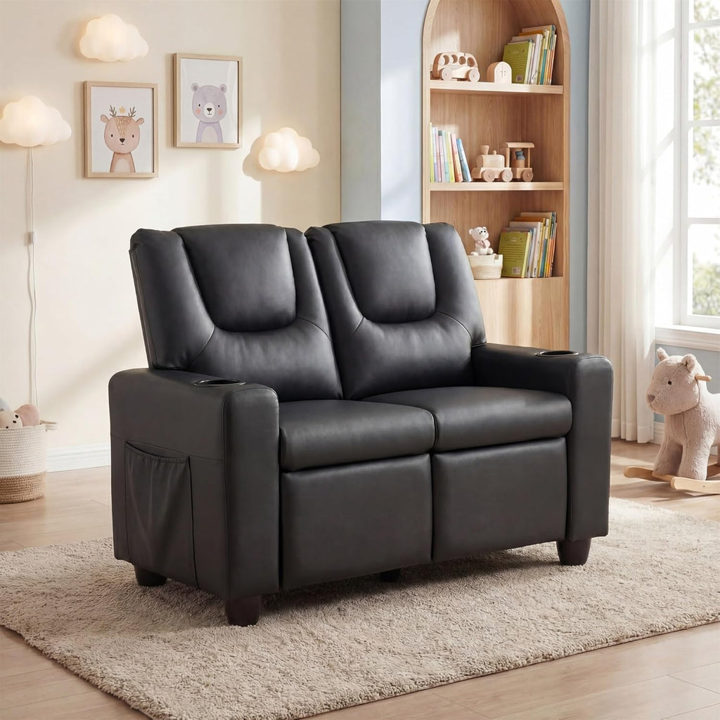 HONEY JOY 2-Seater Kids Recliner, Double Toddler Loveseat Sofa w/2 Cup Holders, 2 Side Pockets, Adjustable Backrest & Footrest, PU Leather Children Couch for Boys Girls Age 3+ (Black)