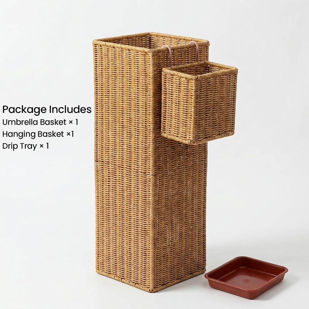 Rattan Umbrella Stand with Drip Tray, 22.5''H Umbrella Holder with Small Basket for Entryway, Tall Wicker Basket for Storage, Woven Organizer for Inoor, Outdoor, Home, Office, Hotel