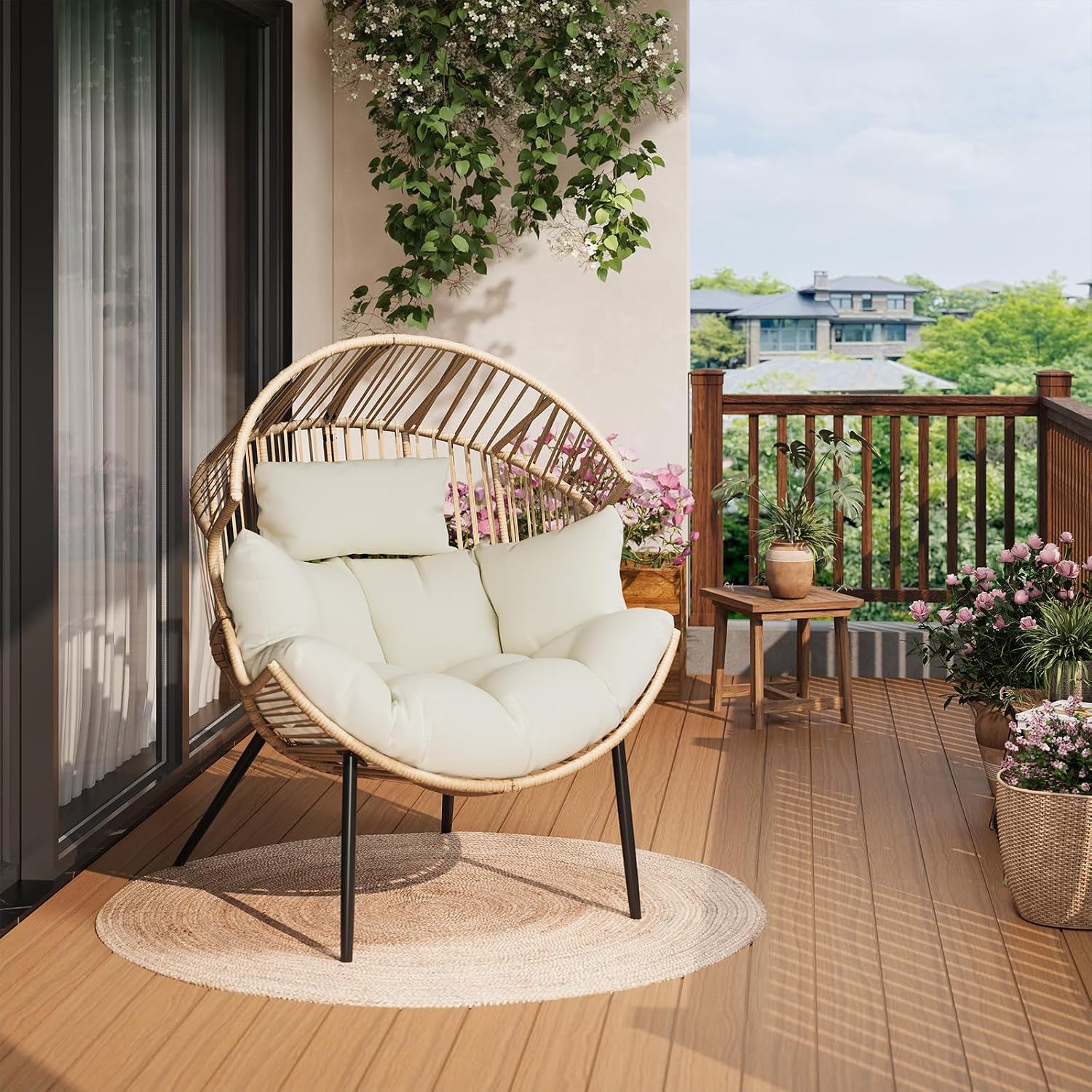 Outdoor Wicker Egg Chair, Oversized Ergonomic Rattan Lounge Rocker with Extra-Soft Pillow and Thick Cushion for Indoor & Outdoor, Living Room, Backyard & Garden – Cream Cushion, Natural Wicker Frame