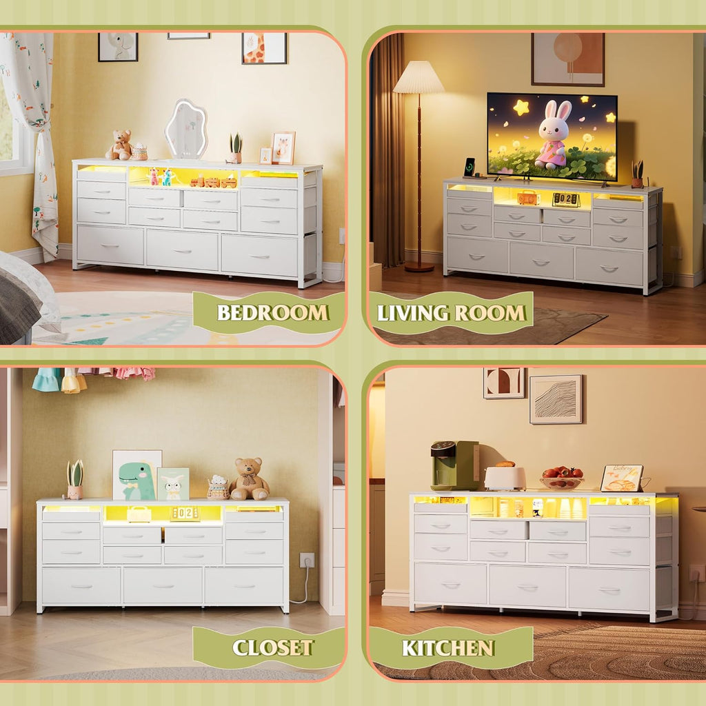 WLIVE Long Dresser for Bedroom, TV Stand for 55, 60, 65 Inch TV, 13 Drawer Wide Fabric Dresser with Wood Top, Large Storage Chest of Drawers for Living Room, Hallway, Closet, White