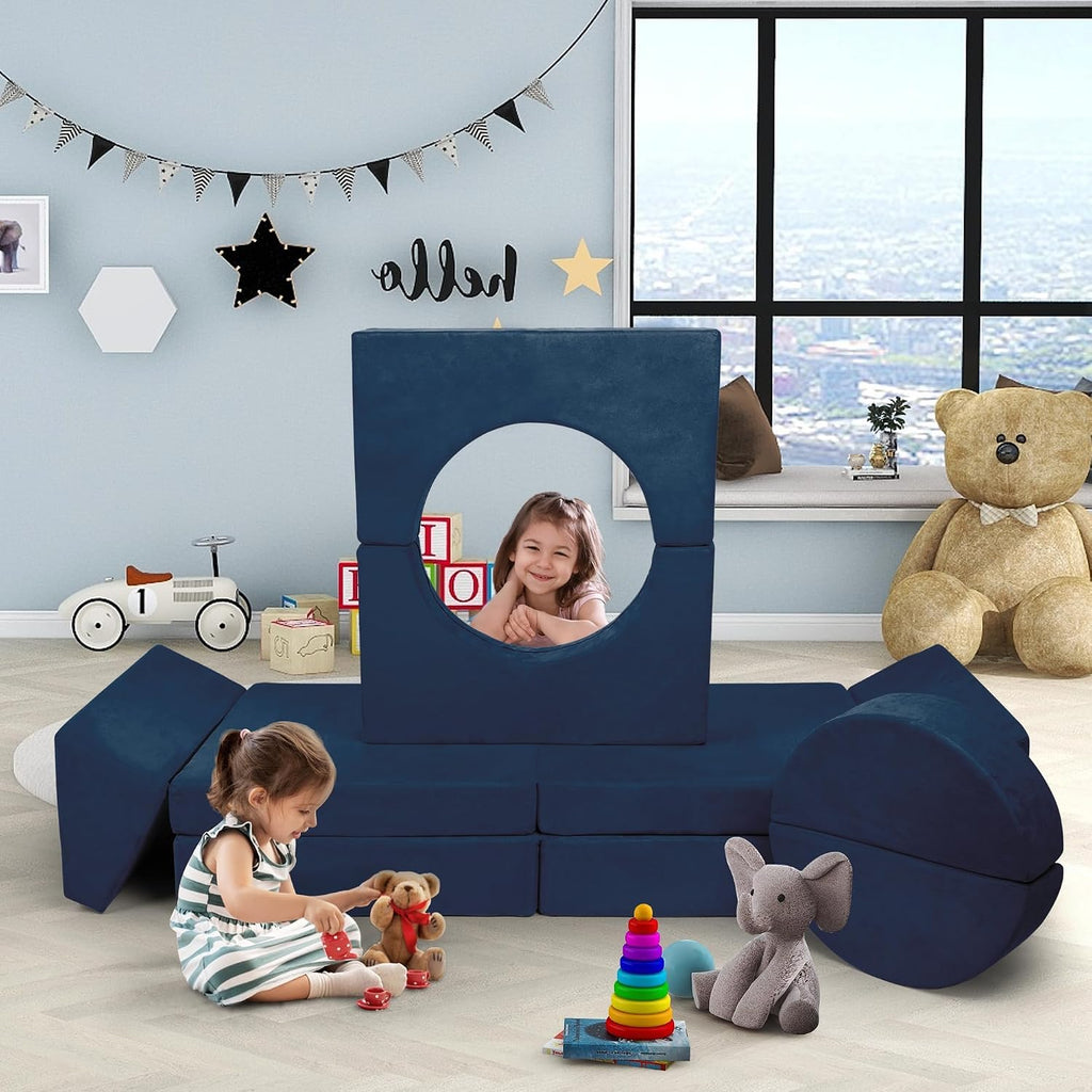 Betterhood Modular Kids Play Couch, 10PCS Child Sectional Sofa Imaginative Furniture Play Set for Creative Kids, Toddler to Teen Bedroom Furniture, Girls and Boys Playroom Convertible Sofa, Blue