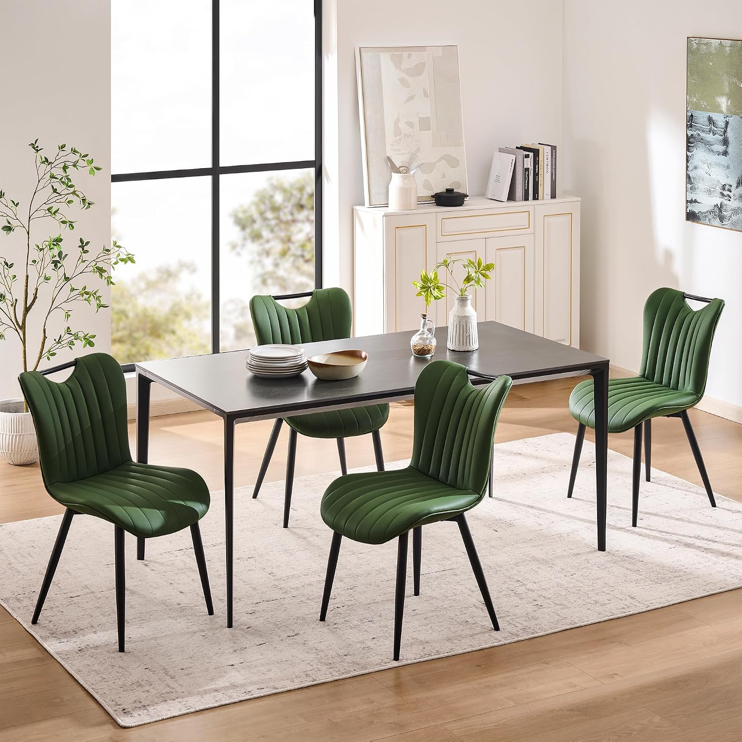 Leather Upholstered Dining Chairs Set of 2, Mid-Century Modern Kitchen Dining Room Chairs with Black Metal Legs, Armless Faux Leather Accent Dinner Chairs Kitchen Side Chairs, Green