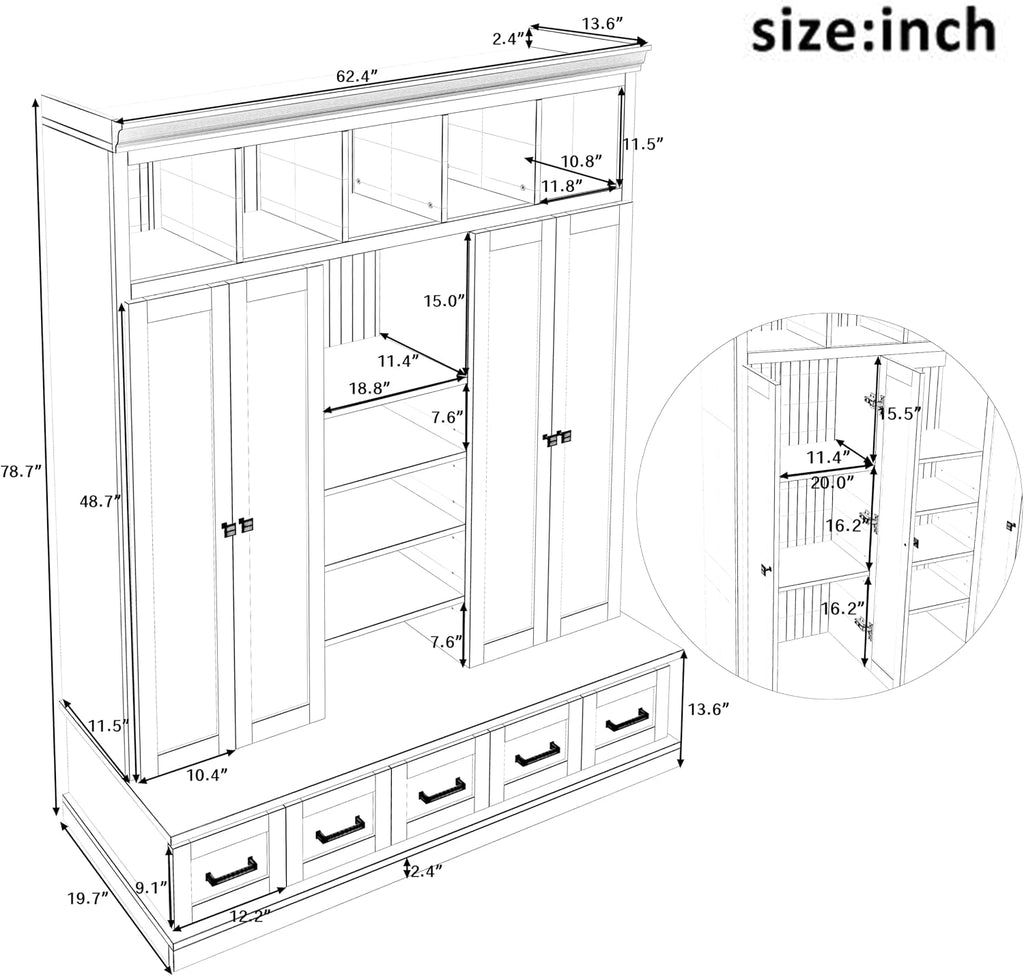 JIVOIT Modern Hall Tree with Bench and 5 Storage Cubbies, 5 Drawers | 78.7''H Hall Tree, Entryway Storage Organizer Cabinet, Adjustable Shelves, 4 Doors, Hallway, Entryway, Living Room