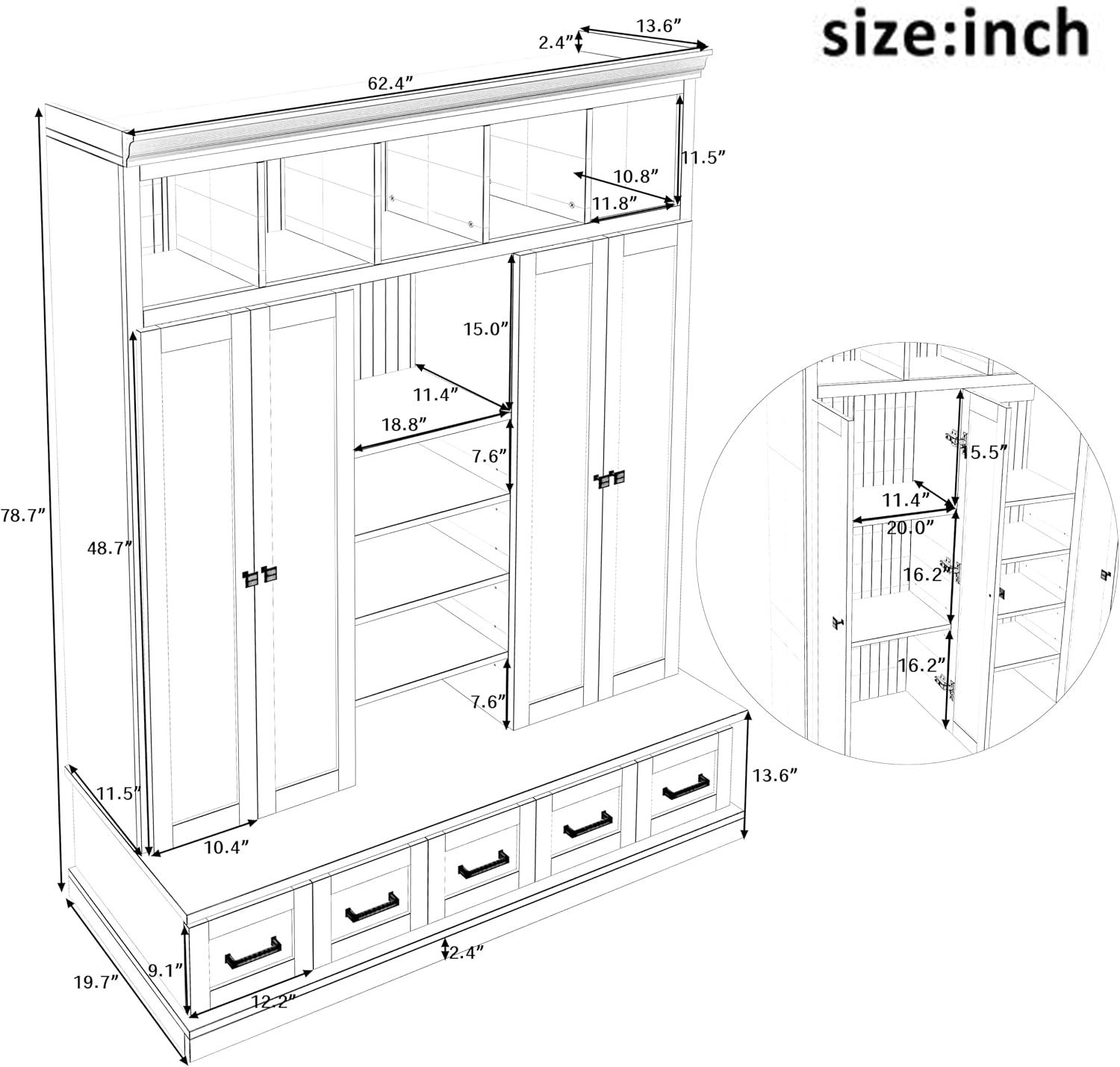 JIVOIT Modern Hall Tree with Bench and 5 Storage Cubbies, 5 Drawers | 78.7''H Hall Tree, Entryway Storage Organizer Cabinet, Adjustable Shelves, 4 Doors, Hallway, Entryway, Living Room