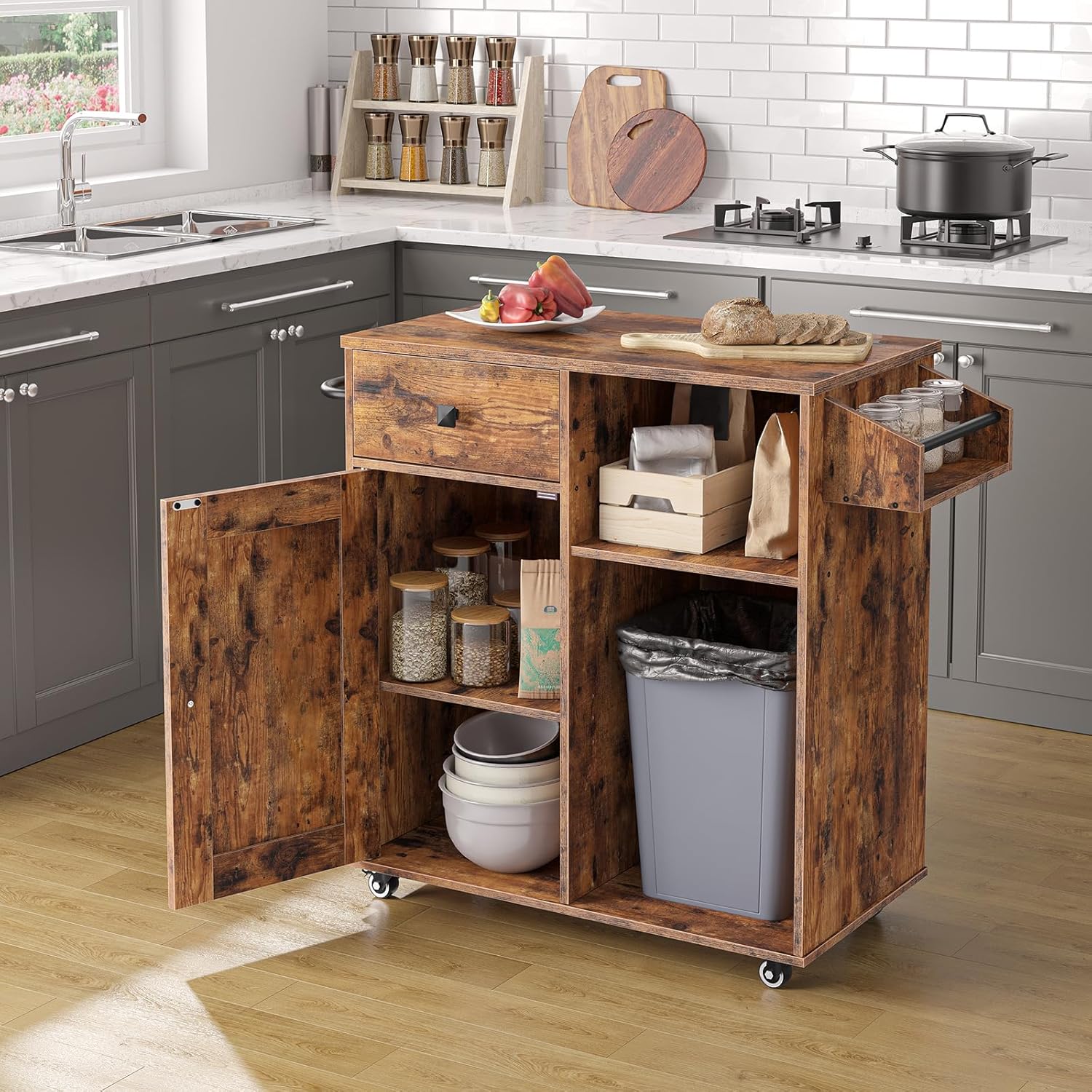 HOOBRO Kitchen Island, Storage Cabinet with Drawer, Kitchen Cart with Spice and Towel Rack, Saving Space, Easy Assembly, for Living Room, Rustic Brown BF12ZD01
