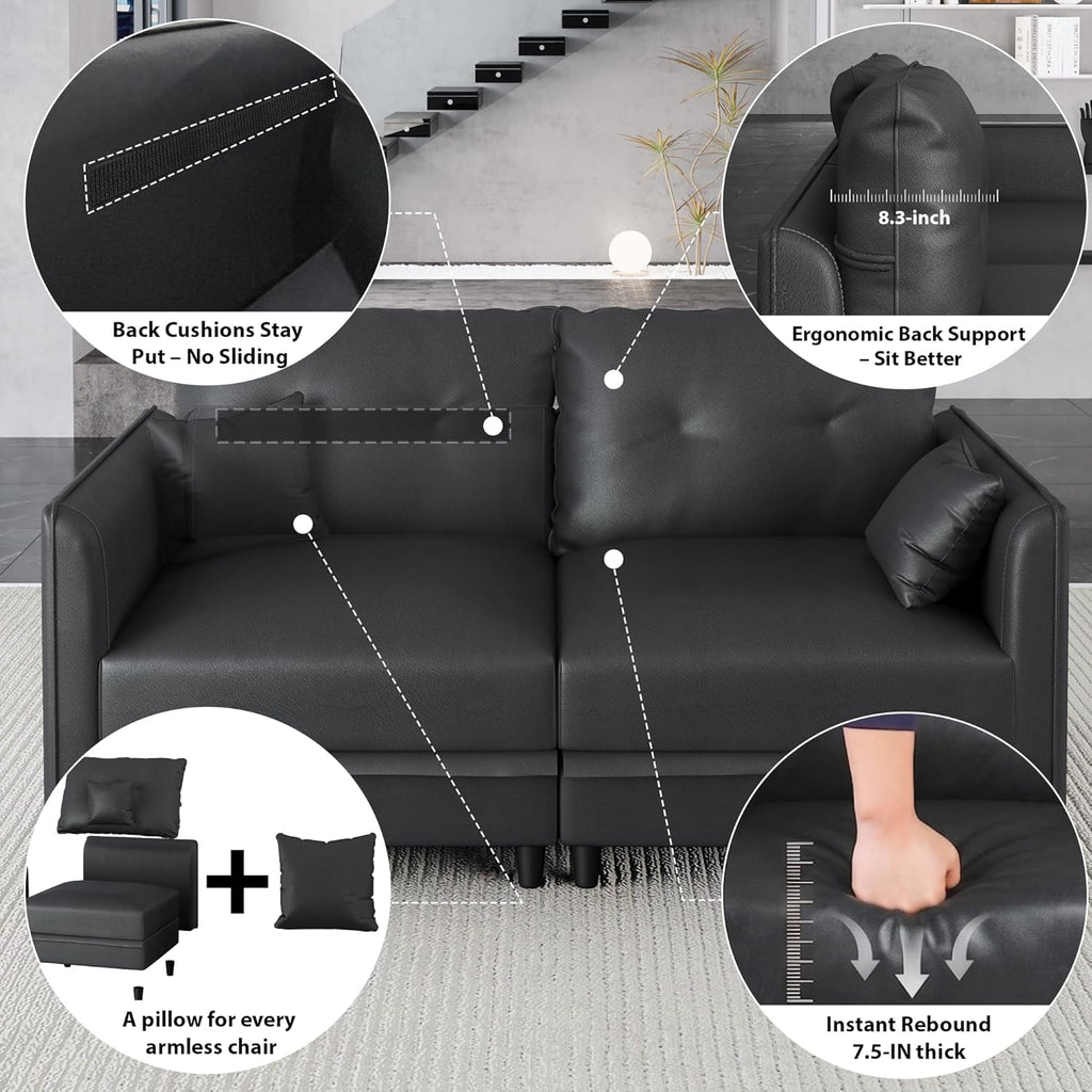 LLappuil Faux Leather Sectional 7-Seater Modular Sofa with Storage, Wide Deep Seat U Shaped Couch for Living Room, Office, Apartment, Rearranged, Waterproof & Easy Clean, Black