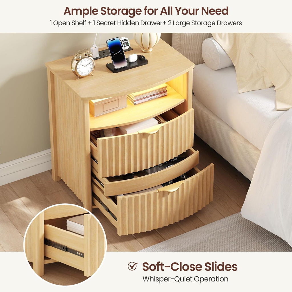 Dystler Fluted Night Stand with Gun Drawer & Card-Lock, 19.7" W Curved Nightstand with Charging Station and LED Lights, 2 Drawers Smart Bedside Table for Bedroom (1, Oak)