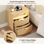 Dystler Fluted Night Stand with Gun Drawer & Card-Lock, 19.7" W Curved Nightstand with Charging Station and LED Lights, 2 Drawers Smart Bedside Table for Bedroom (1, Oak)
