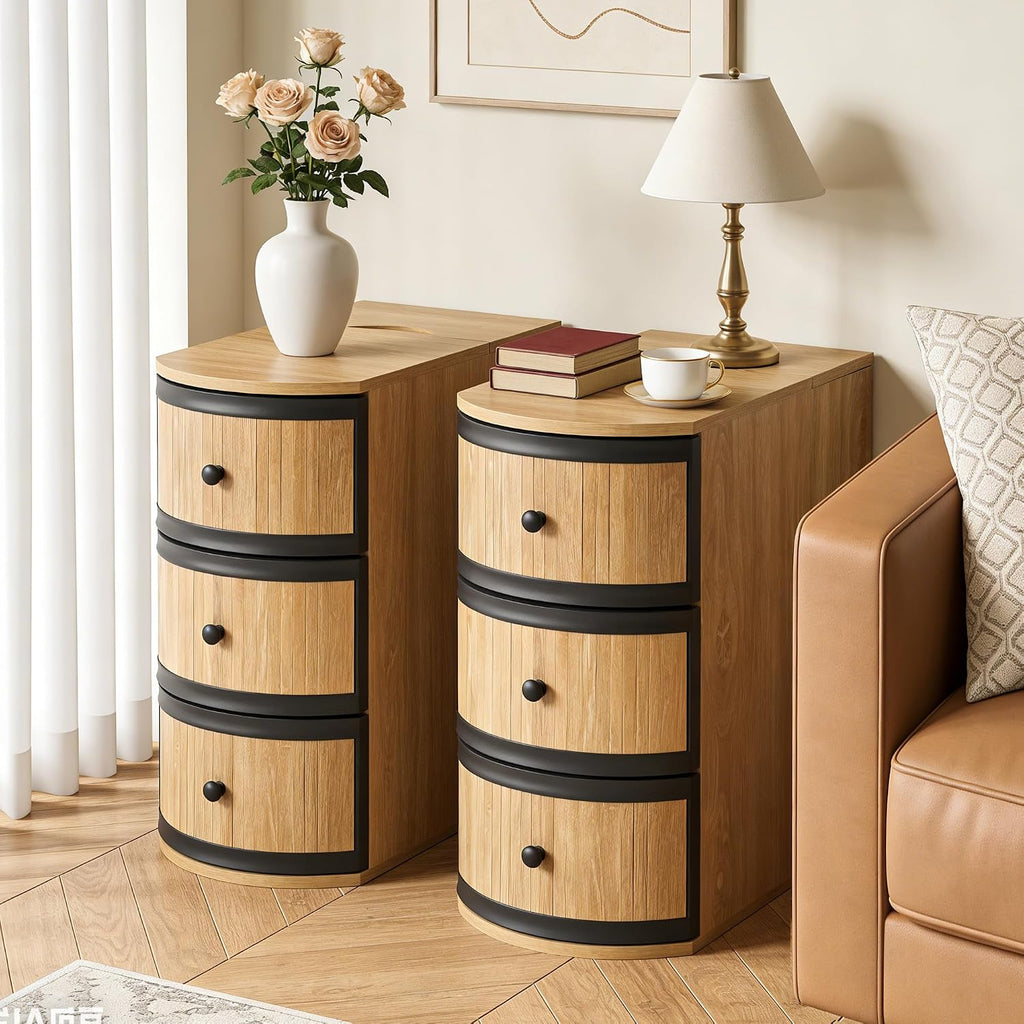 BERRYMERRY Narrow End Table Set of 2 with Charging Station, Modern Slim Nightstand Bedside Table with 3 Drawers for Bedroom Living Room, Natural, 11.81" W x 23.51" D x 23.62" H