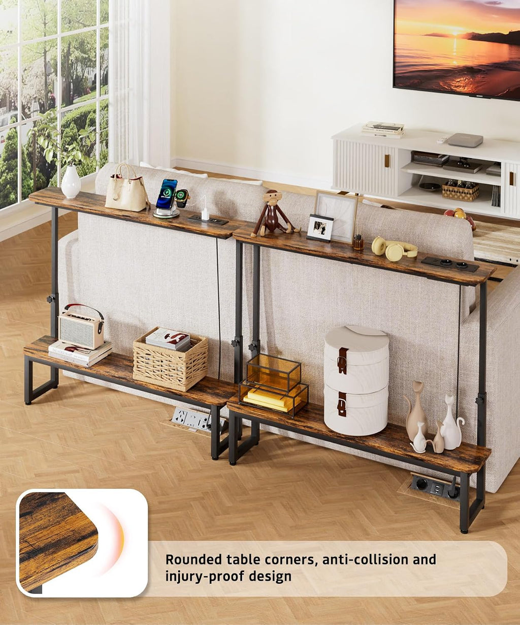 Homde 2-Tier Narrow Console Table: Industrial Design with Adjustable Height & Outlets - 39.4" Small Entryway Shelf for Living Room Hallway Behind Couch - Sofa Side Desk Display Shelf