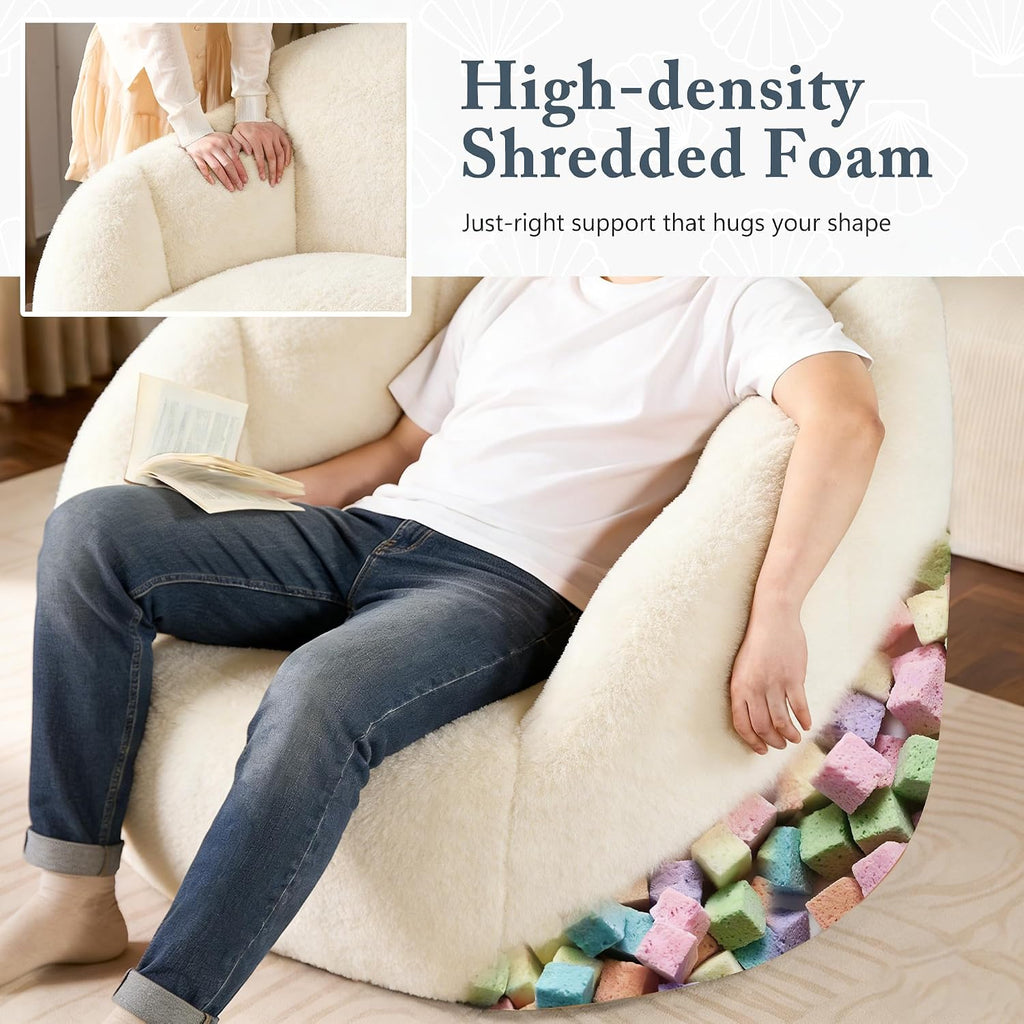 Oversized Bean Bag Chair with Footstool for Adults, Giant Fuzzy Accent Reading Chair with Ottoman Pouf, Lounge Chair Chaise Indoor, Faux Fur Round Large Floor Sofa Couch for Game, Beige