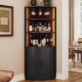 ONBRILL 72" Tall Corner Bar Cabinet with LED Lights, Fluted Wine Bar Cabinet with Storage, Mid-Century Modern Liquor Cabinets with Sliding Door & Wine Glass Holder, for Dining Room, Living Room Black