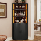 ONBRILL 72" Tall Corner Bar Cabinet with LED Lights, Fluted Wine Bar Cabinet with Storage, Mid-Century Modern Liquor Cabinets with Sliding Door & Wine Glass Holder, for Dining Room, Living Room Black