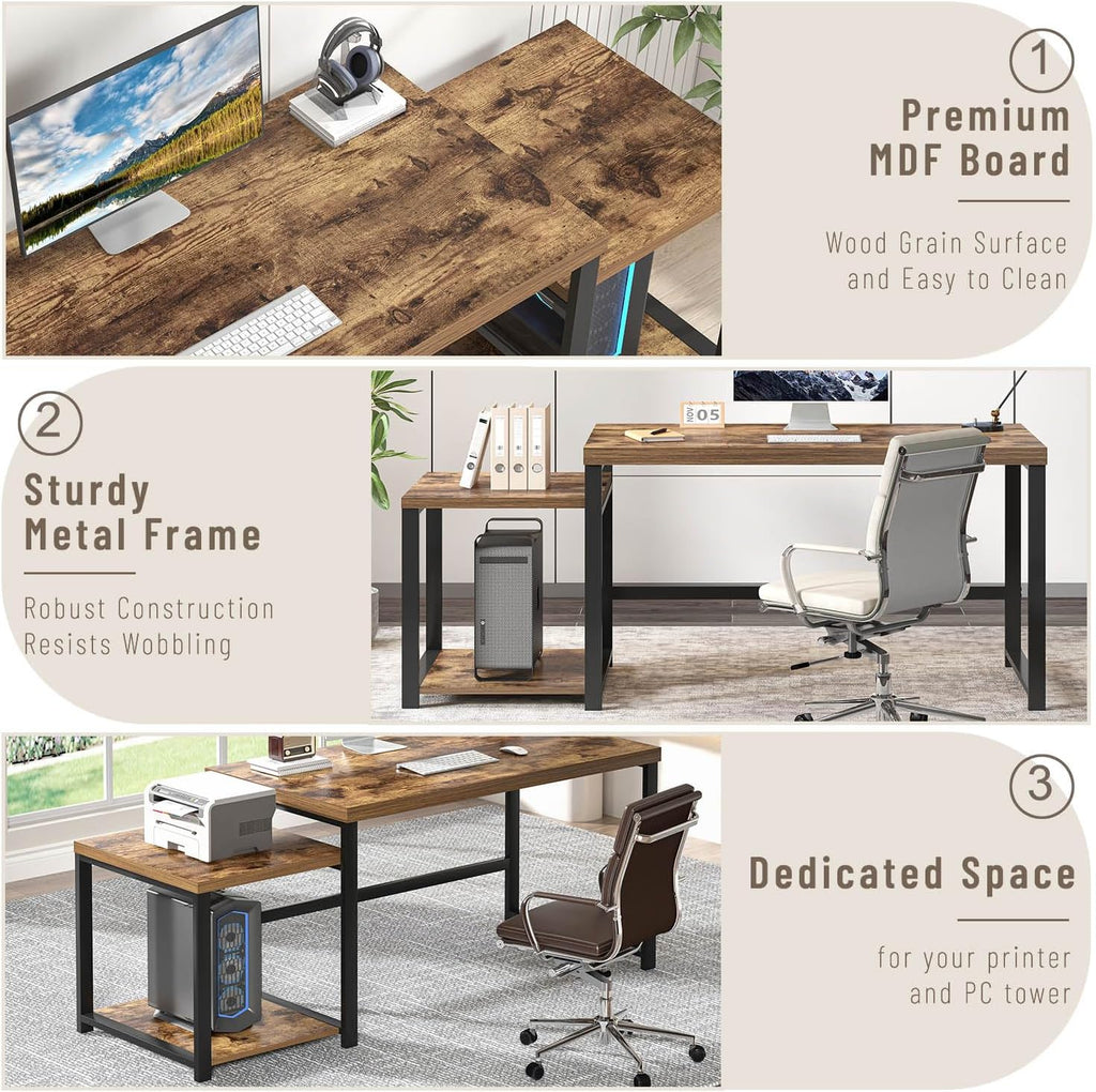 FOLUBAN Large Computer Desk for Home Office with Printer Space, Wood Study Gaming Workstation Table with Storage Shelves, Long Writing Desk for Bedroom Living Room, Rustic Brown, 63 Inch
