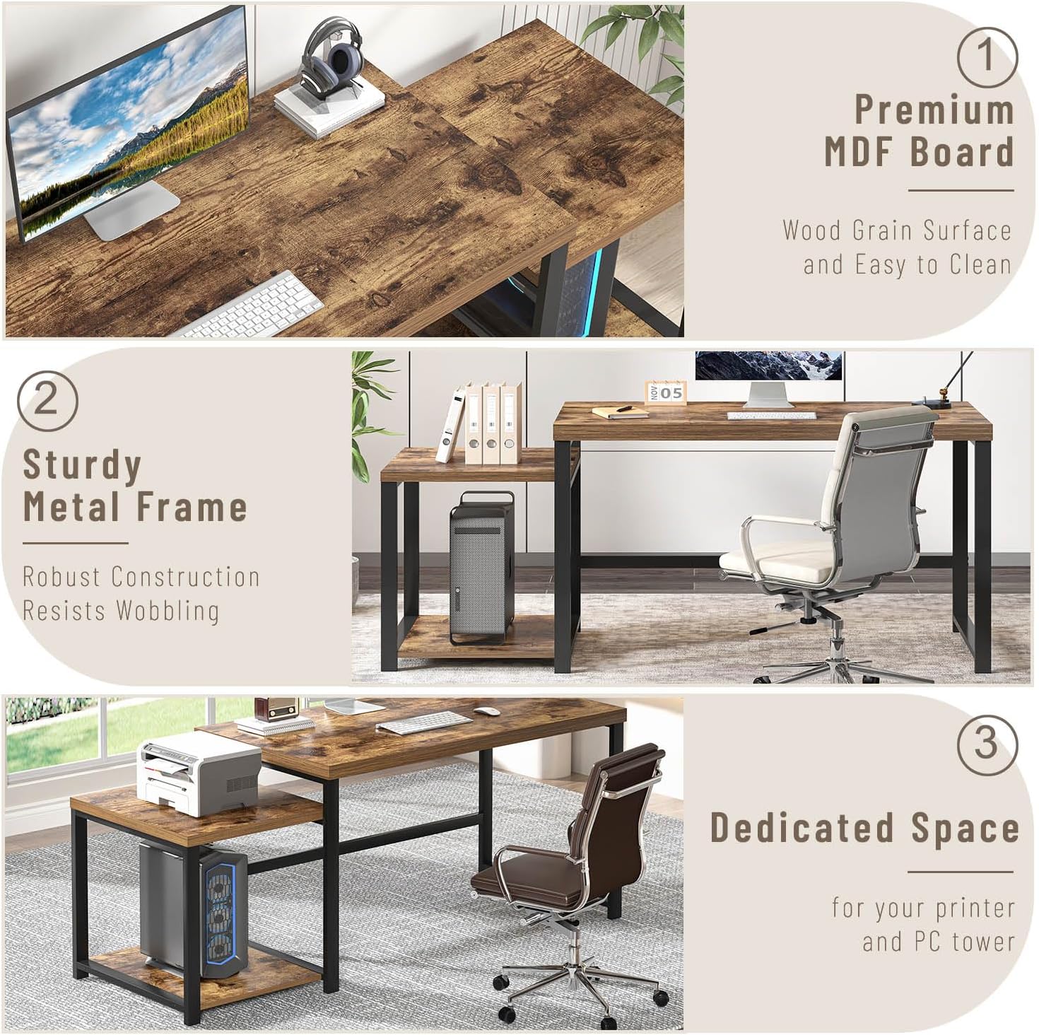 FOLUBAN Large Computer Desk for Home Office with Printer Space, Wood Study Gaming Workstation Table with Storage Shelves, Long Writing Desk for Bedroom Living Room, Rustic Brown, 63 Inch