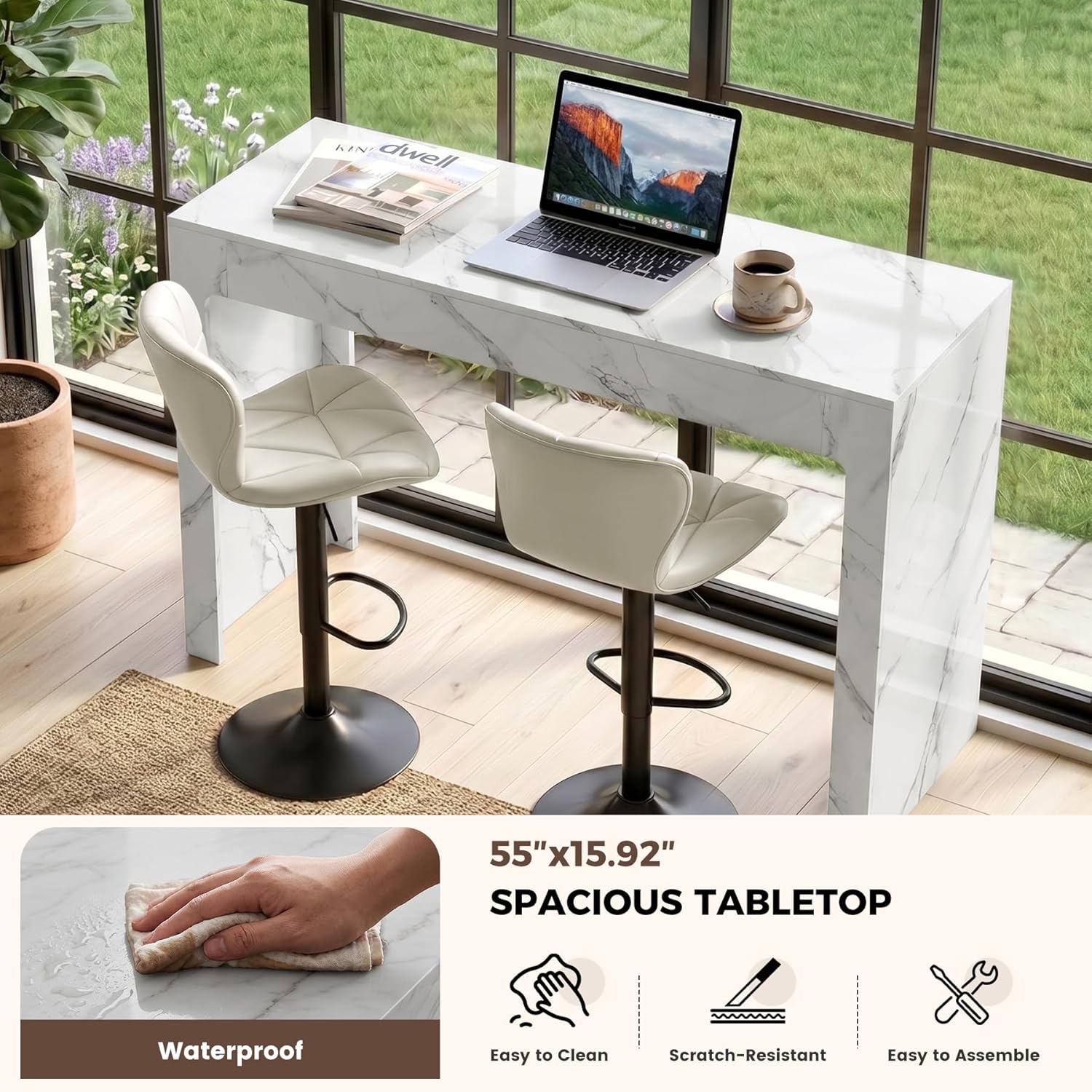 Miereirl Modern 3-Piece Bar Table Set, 55" Faux Marble Pub Dining Table with 2 Swivel Adjustable Barstools, PU Leather Counter Height Chairs with Footrest & Backrest for Kitchen, Dining Room