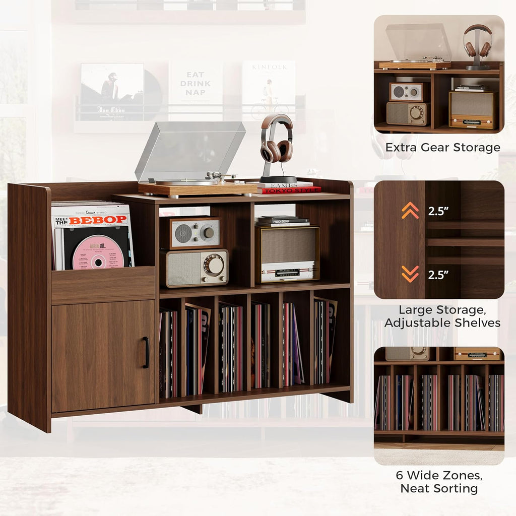 IRONCK Mid-Century Modern Record Player Stand, Record Player Cabinet with Door & Display Shelf, Vinyl Record Storage Cabinet for Living Room & Entertainment Room, Walnut