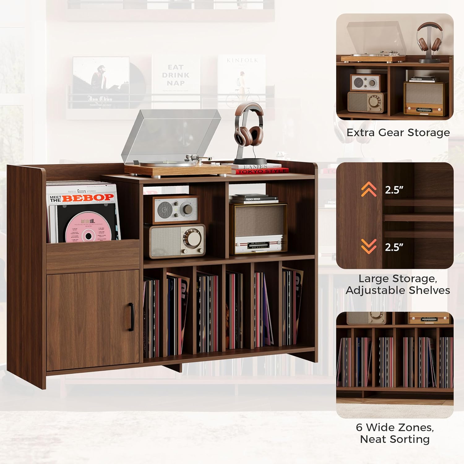 IRONCK Mid-Century Modern Record Player Stand, Record Player Cabinet with Door & Display Shelf, Vinyl Record Storage Cabinet for Living Room & Entertainment Room, Walnut