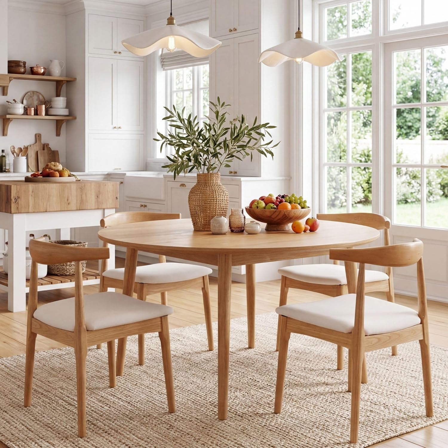HNY Wooden Dining Chairs Set of 6, Mid Century Modern Dining Room Chairs with Natural Wood Legs & Open Curved Back, Upholstered Beige Linen Armless Kitchen Chair for Dining Room Restaurant