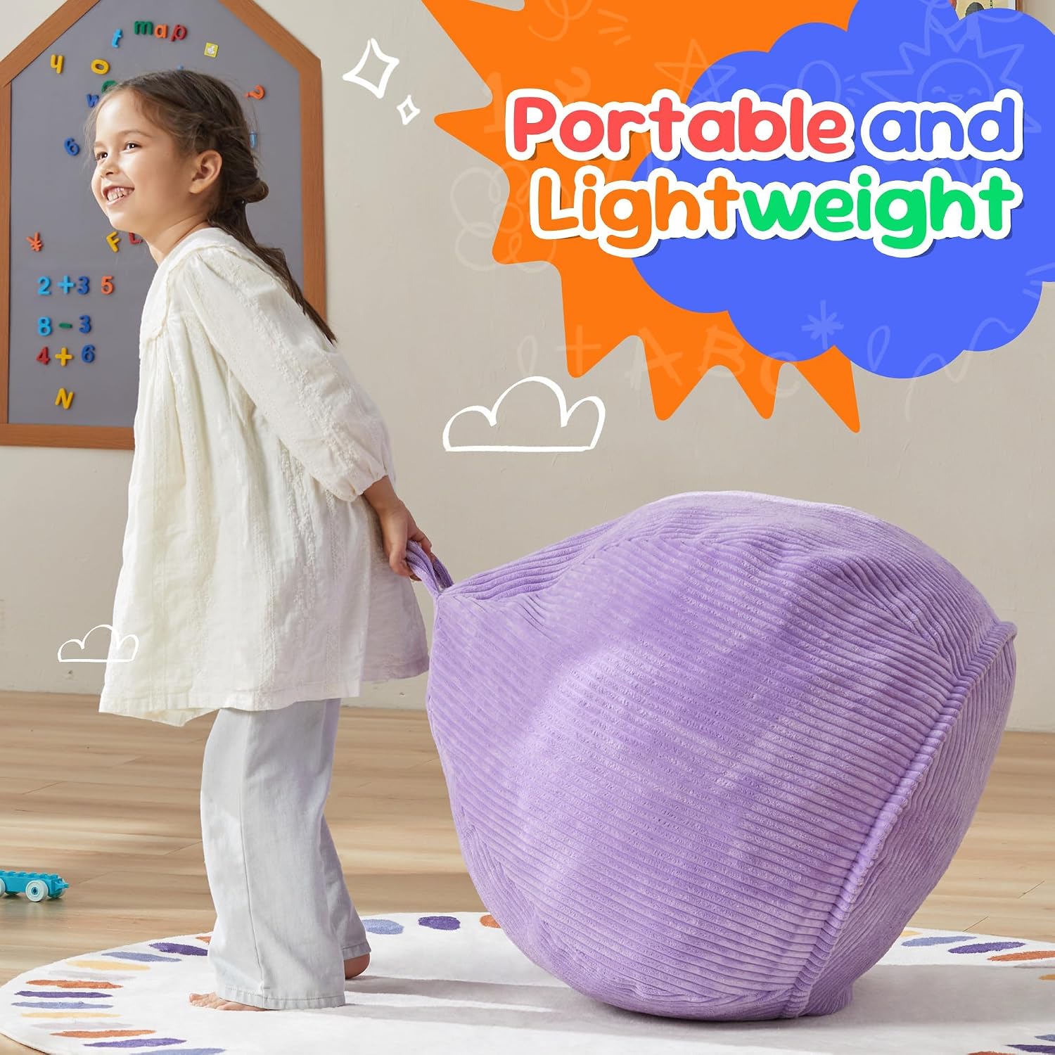 Hobestluk Kids Bean Bag Chair Teardrop Shape with Filling, 2.5FT Purple | Soft Fabric, Corduroy Cover, Removable and Washable, Memory Foam Filler, Portable Handle, Gaming, Relaxing, For Living Room