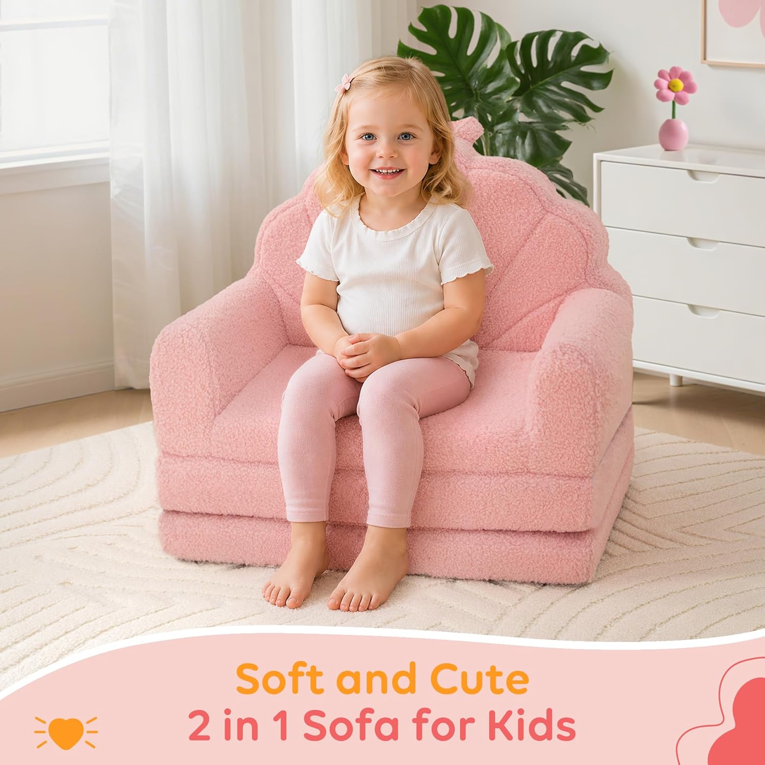 Airpanda Kids Chair and Couch, 2-in-1 Foldable Kids Sofa Chair, Convertible Soft Couch for Reading, Playtime and Relaxing, Removable Washable Cover, Pink
