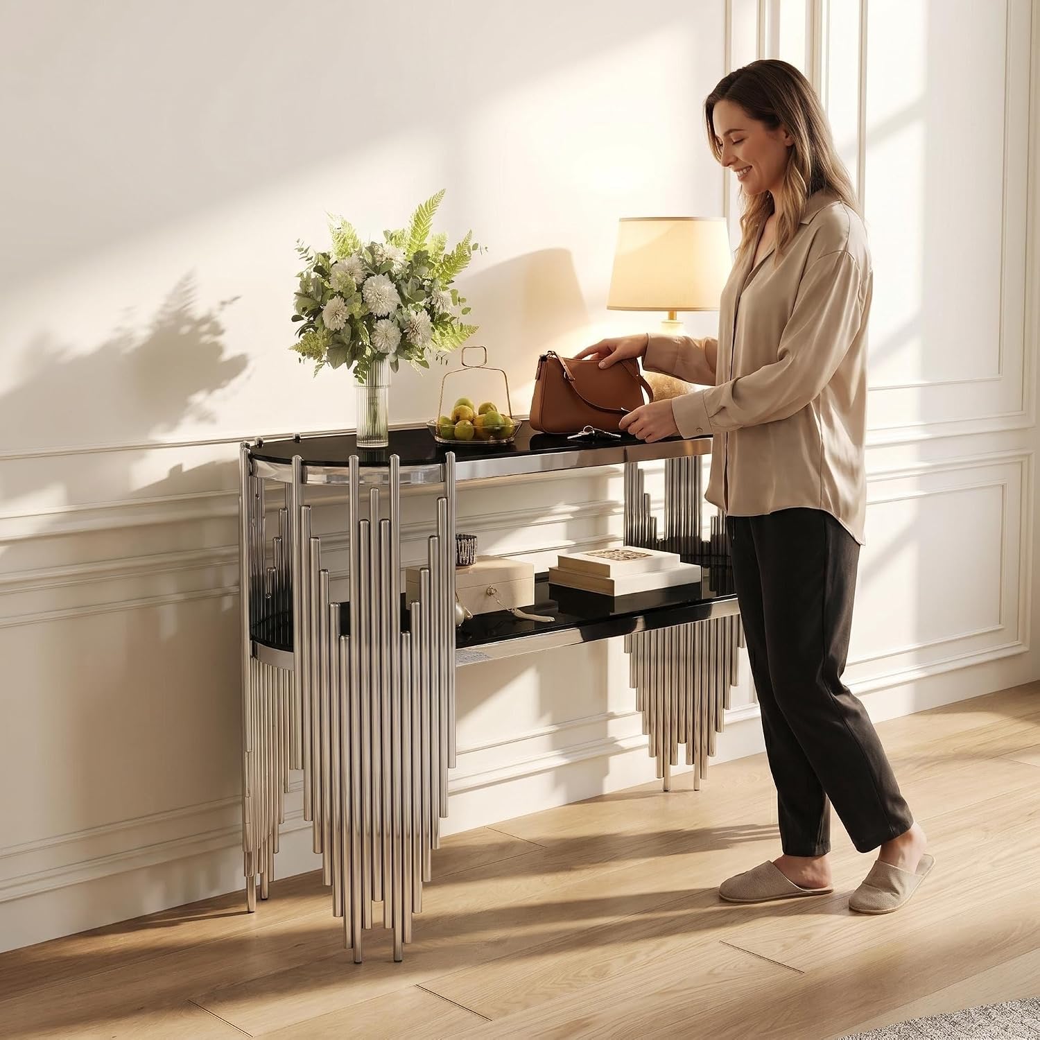 Modern Oval Console Table, 47 Inch Silver Sofa Tables with 2-Tier Black Tempered Glass Shelves & Polished Stainless Steel Frame Accent Side Table for Hallway Living Room (Silver+Black)