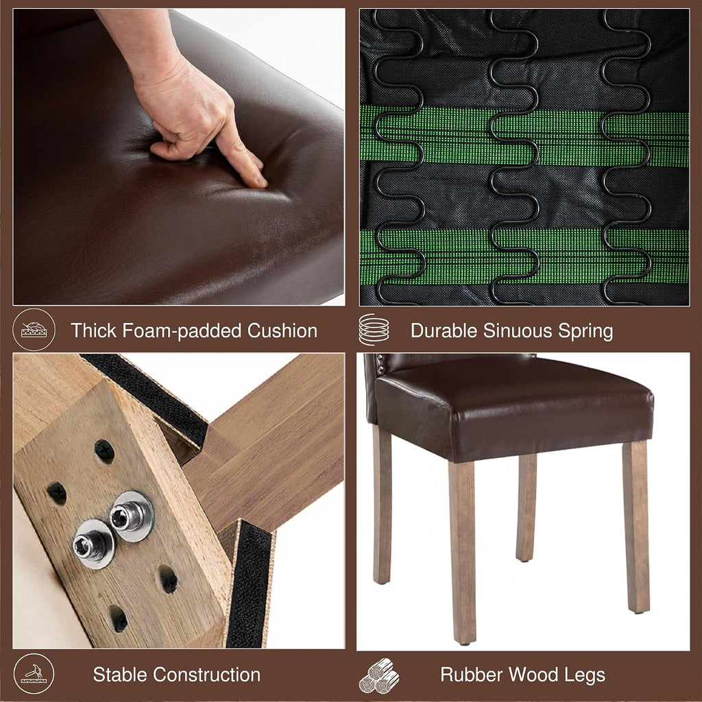 Upholstered Dining Chair Stylish Parsons Kitchen High Back with Silver Nailhead Trim & Wood Legs, 4-Pack, PU Dark Brown