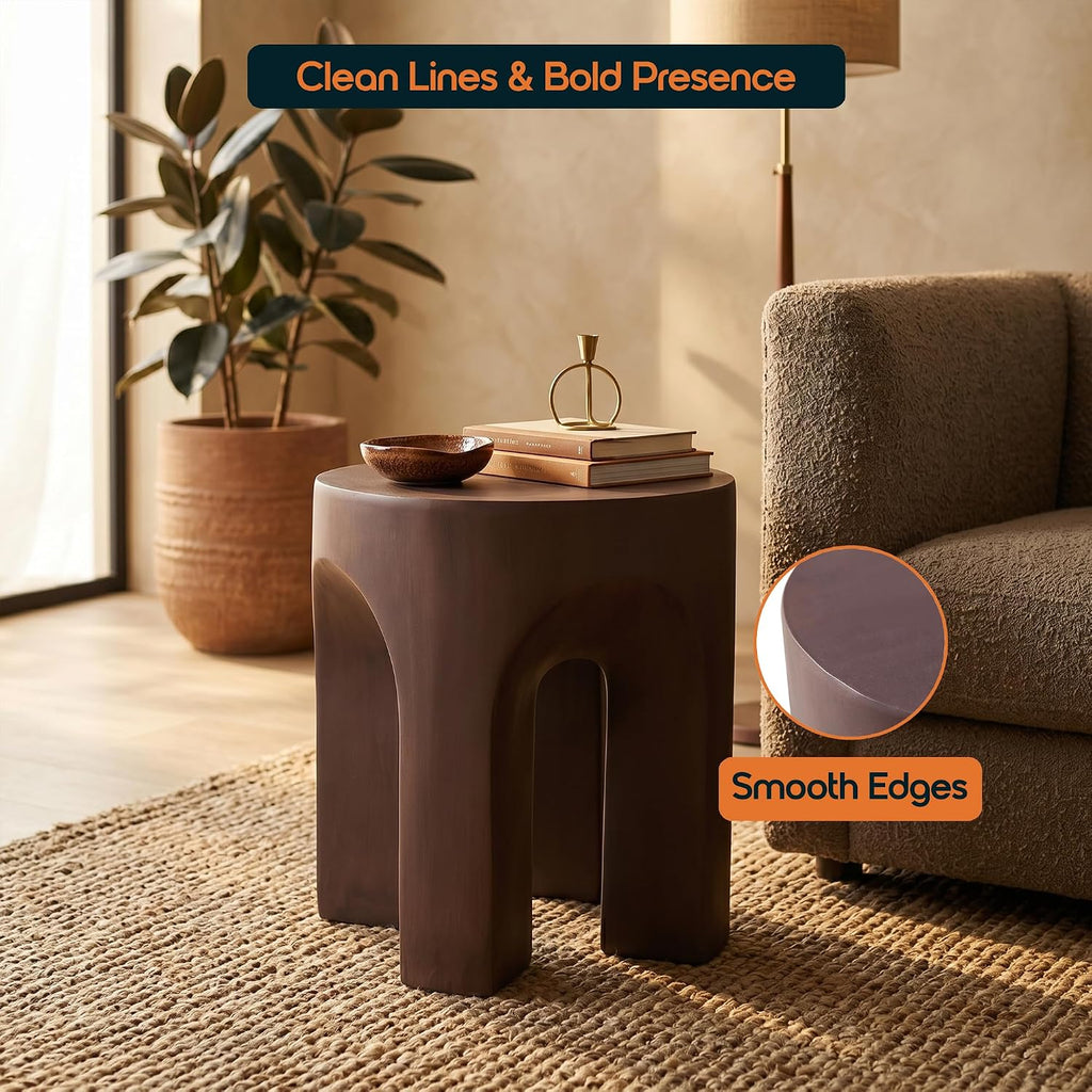 LeisureMod Round Side Table in Fiberstone with Arched Base Design Compact Weather-Resistant for Modern Home, Living Room, Bedroom, Patio Crus Collection (Wood Brown)