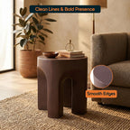 LeisureMod Round Side Table in Fiberstone with Arched Base Design Compact Weather-Resistant for Modern Home, Living Room, Bedroom, Patio Crus Collection (Wood Brown)