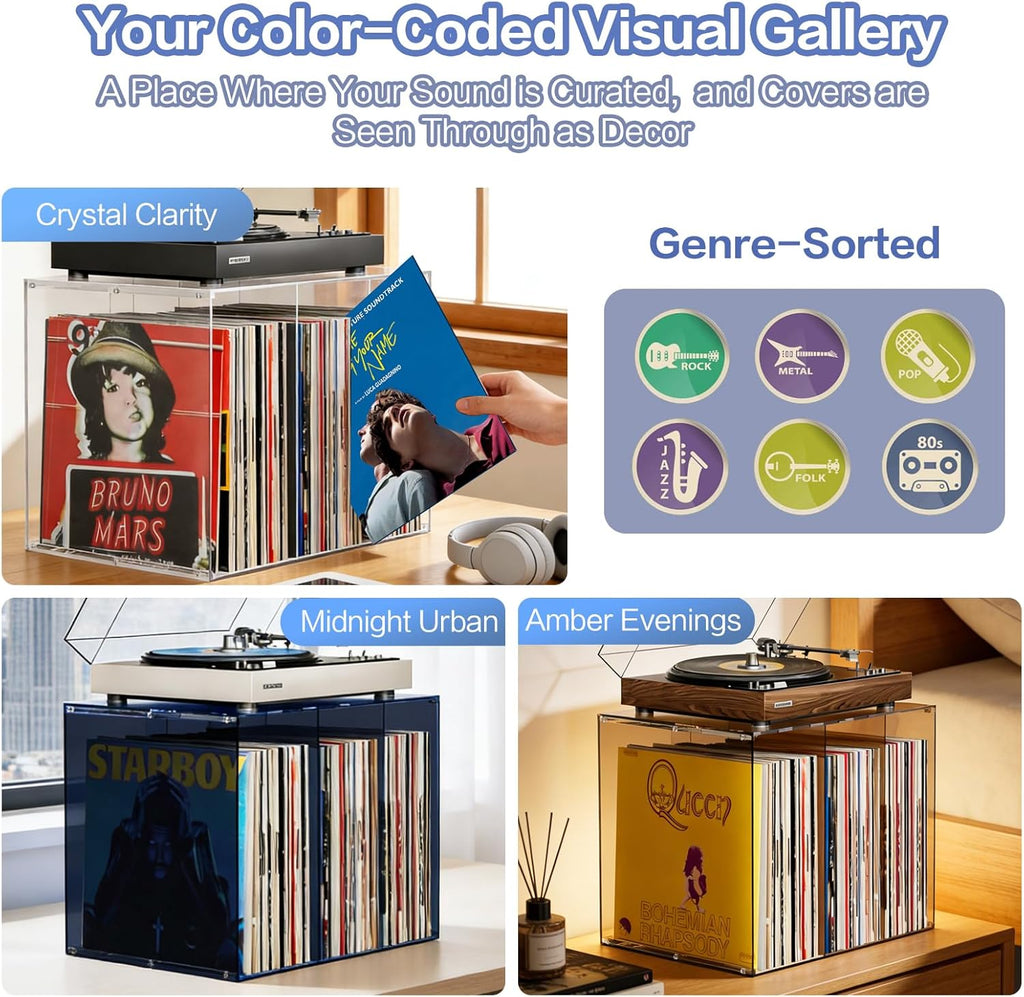 Bikoney Stackable Cube Acrylic Vinyl Record Storage, Tabletop Record Player Stand with Divided Vinyl Shelf, Vinyl Holder & Album Storage Box Crate Bin, Clear