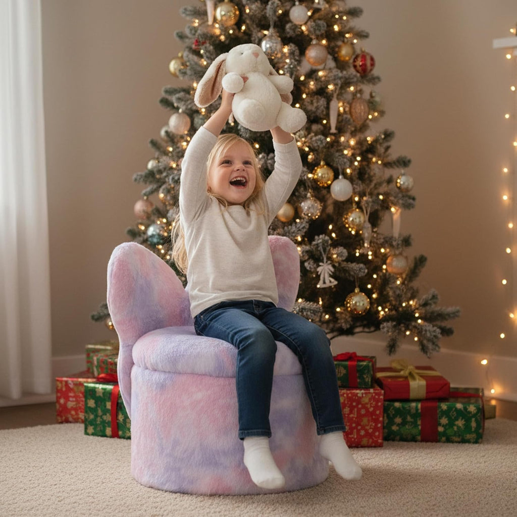 Kids Desk Chairs, Toddler Chairs Comfy Faux Fur Kids Storage Ottoman, 2 in 1 Children Stool with Storage, Butterfly Chair for Kids Girls Gifts, Storage Stool for Bedroom/Loving Room, Purple