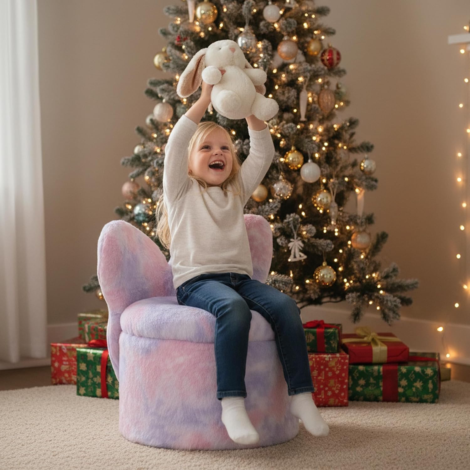 Kids Desk Chairs, Toddler Chairs Comfy Faux Fur Kids Storage Ottoman, 2 in 1 Children Stool with Storage, Butterfly Chair for Kids Girls Gifts, Storage Stool for Bedroom/Loving Room, Purple