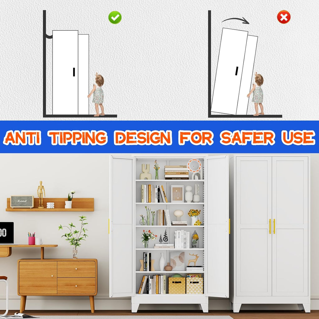 GAIOUS 75.2" Tall Metal Storage Cabinet with 2 Doors and 5 Adjustable Shelves, New upgrade Kitchen Pantry Cabinet, White Freestanding Cupboard, 6 Tier Steel Storage for Office, Kitchen, Dining, Garage