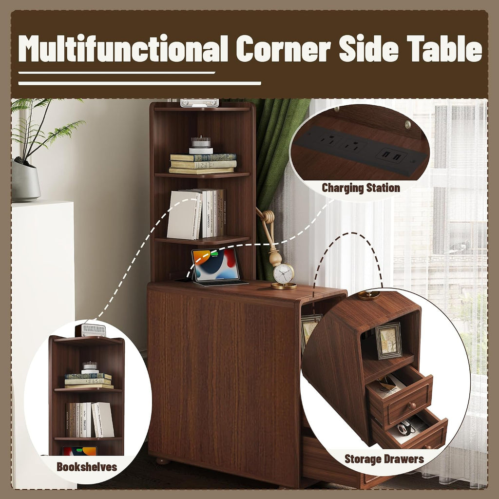 Walnut Corner Tables with Drawers & Open Shelves, Tall & Bedside Nightstands with Charging Station for Living Room & Bedroom