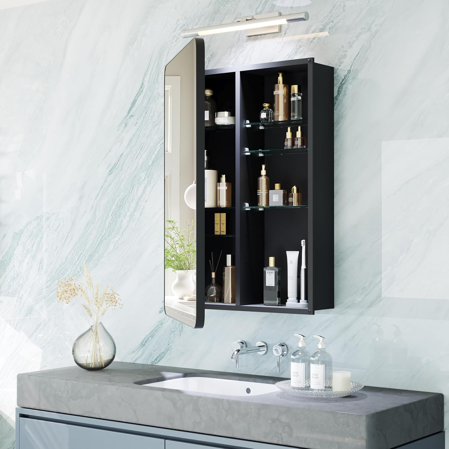 Black Medicine Cabinet with Mirror for Bathroom: 20 x 26 Inch Small Mirrored Vanity Storage with Adjustable Shelves - Surface or Recessed Wall Mount - Matte Black Frame