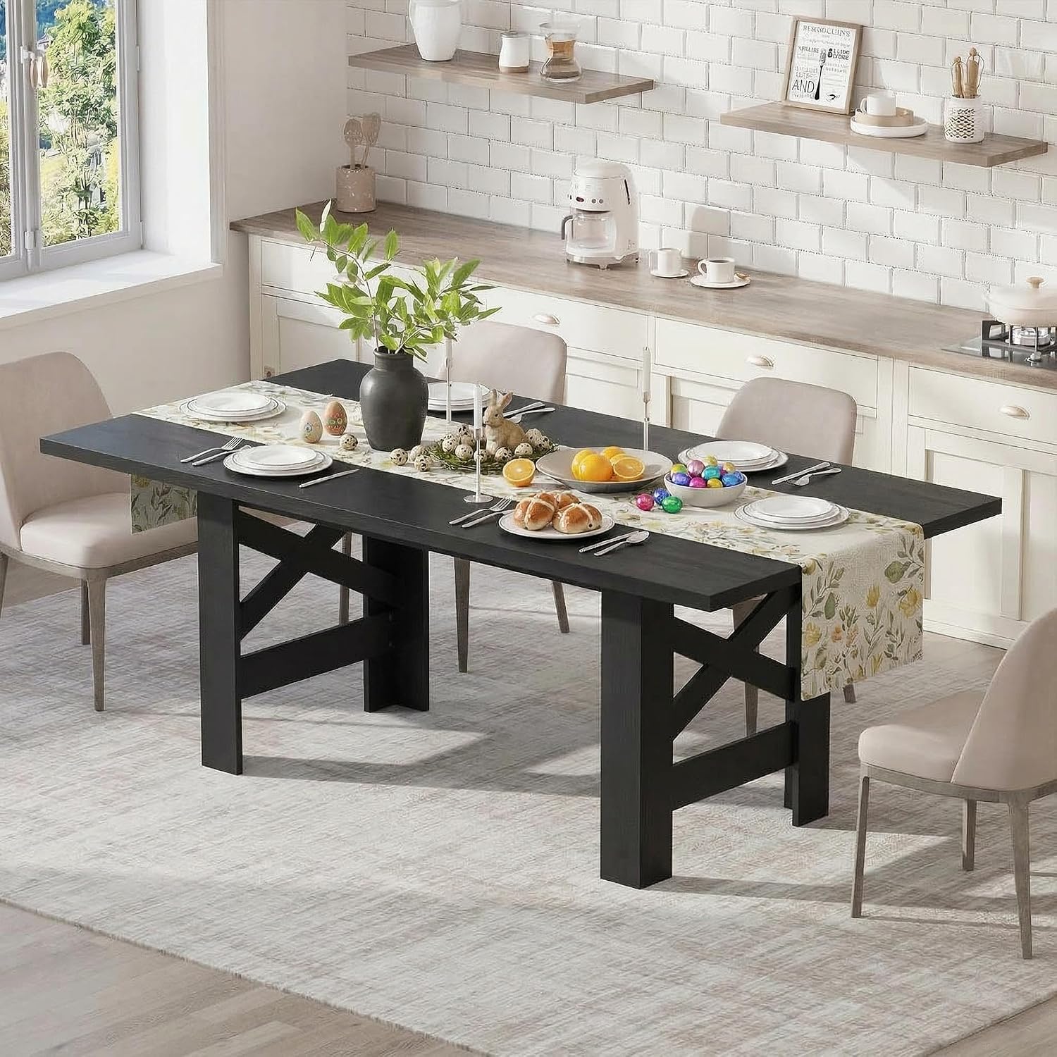 71" Farmhouse Dining Table for 6-8 Person, Large Rectangular Wood Dining Room Table Only, Rock-Strong Thick Base & Heavy Duty Triangular Legs for Kitchen, Office & Restaurant, Black