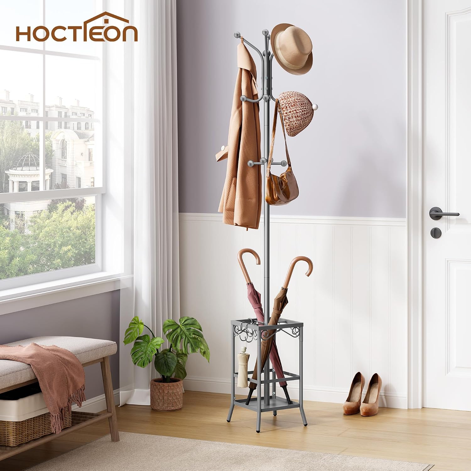Hoctieon Coat Rack Freestanding, Coat Tree with Umbrella Holder | Metal Coat Rack Stand with 12 Hooks, Standing Coat Hanger Stand, Umbrella Stand for Entryway, Hat Rack Stand for Home Office