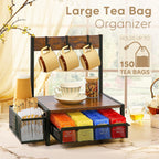 DGWJSU Tea Bag Organizer, Wood Tea Organizer and Storage Cheast, Tea Bag Holder with Storage Drawer, 4 Hooks for Tea Cups Holder, Tea Station Chest Display Container Box for Countertop Kitchen
